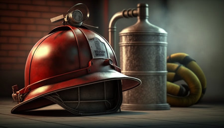 Essential safety gear in action: A fire extinguisher and firefighter helmet in front of flames in the backgroundの素材