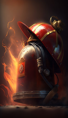 Essential safety gear in action: A fire extinguisher and firefighter helmet in front of flames in the backgroundの素材