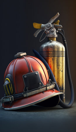 Essential safety gear in action: A fire extinguisher and firefighter helmet in front of flames in the backgroundの素材