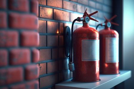 Multiple fire extinguishers mounted on wall for emergency situations, ensuring safety and preparedness.の素材