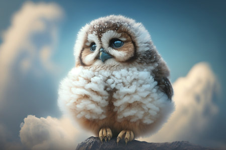 funny fluffy owl chick looks dreamy with clouds and skyの素材