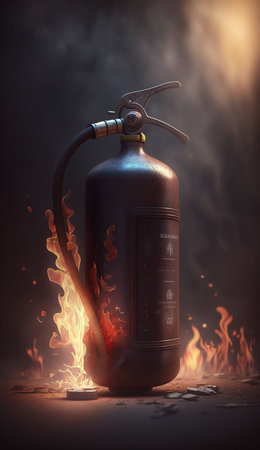 Fighting fire with essential safety equipment: A fire extinguisher in front of flames in the backgroundの素材