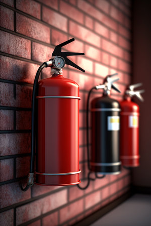 Multiple fire extinguishers mounted on wall for emergency situations, ensuring safety and preparedness.の素材