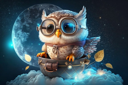 funny baby owl in a flying object with aviator goggles in the sky on a big adventureの素材