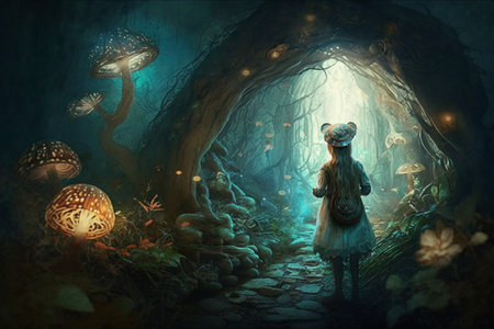 Enchanted Forest: A Little Girl Lost in a Magical World of Floating Lights and Mystical Atmosphereの素材