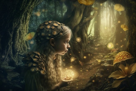 Enchanted Forest: A Little Girl Lost in a Magical World of Floating Lights and Mystical Atmosphereの素材