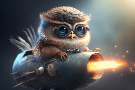 funny baby owl in a flying object with aviator goggles in the sky on a big adventureの素材