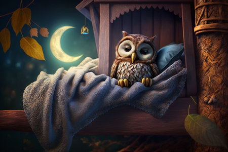 Little tired owl lies bed in tree house and sleeps evening night moonの素材