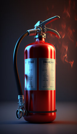 Fighting fire with essential safety equipment: A fire extinguisher in front of flames in the backgroundの素材