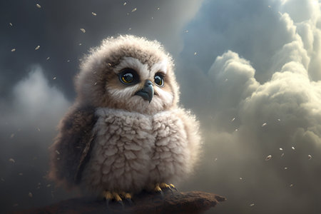 funny fluffy owl chick looks dreamy with clouds and skyの素材