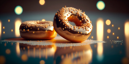 Colorful and mouth-watering donuts with bokeh background illustration perfect for bakery and dessert concepts.の素材