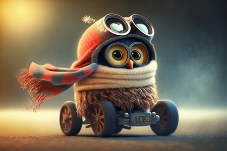 little funny baby owl with scarf is racing in a toy carの素材