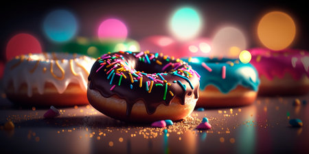 Colorful and mouth-watering donuts with bokeh background illustration perfect for bakery and dessert concepts.の素材