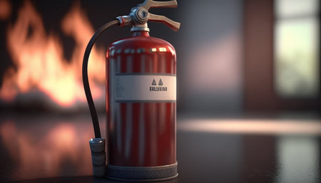 Fighting fire with essential safety equipment: A fire extinguisher in front of flames in the backgroundの素材