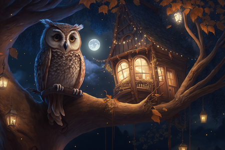 owl at night on a branch with tree with glowing house lanterns moon and starsの素材