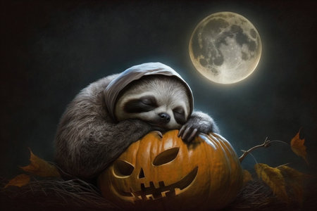 Exhausted tired sloth has fallen asleep on a Halloween pumpkin and dreamsの素材