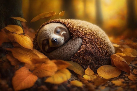 Exhausted and tired sloth lies between autumn leaves in forest and sleepsの素材