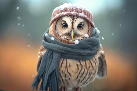 cute realistic owl with scarf and hat in cold winter illustrationの素材