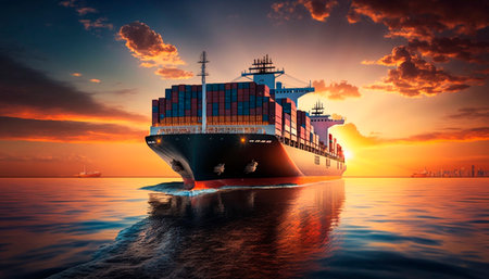 Container cargo ship sailing at sunset, transporting goods across the seaの素材