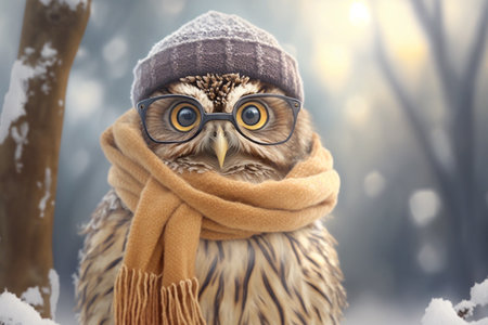 cute realistic owl with scarf and hat in cold winter illustrationの素材