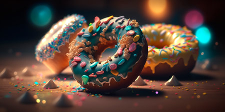 Colorful and mouth-watering donuts with bokeh background illustration perfect for bakery and dessert concepts.の素材
