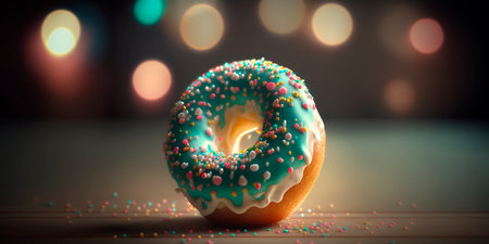 Delicious single donut with beautiful bokeh background in colorful illustration.の素材