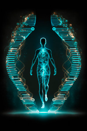 DNA structure with black background abstract genetic illustrationの素材