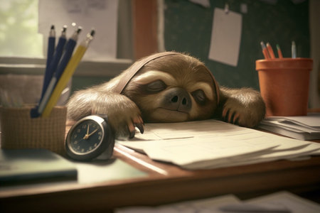 very tired sloth sleeps on the files in the office on a deskの素材