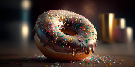 Delicious single donut with beautiful bokeh background in colorful illustration.の素材