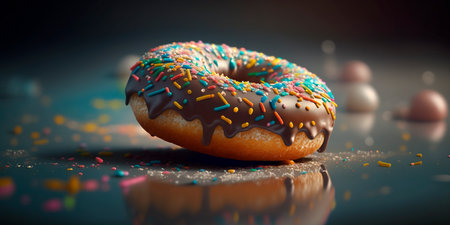 Delicious single donut with beautiful bokeh background in colorful illustration.の素材