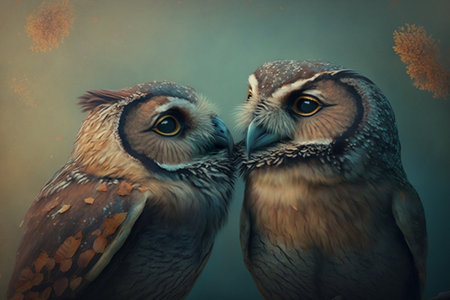 couple of owls in love kiss with their beaksの素材