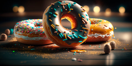 Colorful and mouth-watering donuts with bokeh background illustration perfect for bakery and dessert concepts.の素材