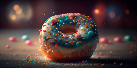 Delicious single donut with beautiful bokeh background in colorful illustration.の素材