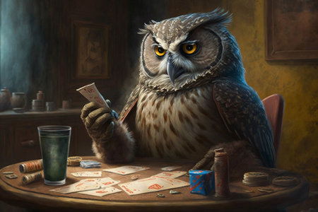 Owl sits at a poker table in a club playing pokerの素材