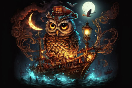 Illustration of an owl on a pirate ship in the sea on a great adventureの素材