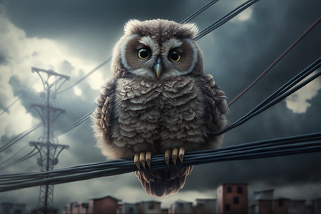 fluffy fat owl sits on a power line in a cityの素材