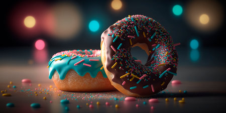 Colorful and mouth-watering donuts with bokeh background illustration perfect for bakery and dessert concepts.の素材