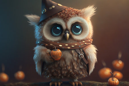 Sweet cute owl kid with Halloween costume collects candyの素材
