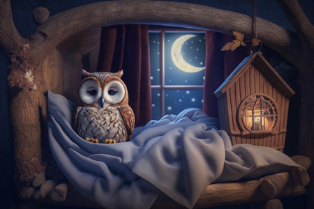 Little tired owl lies bed in tree house and sleeps evening night moonの素材