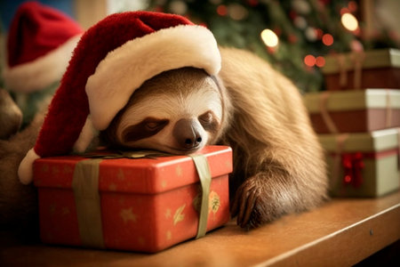 tired and exhausted sloth sleeps with santa hat between gifts at christmas cuteの素材