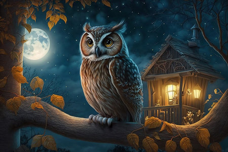 owl at night on a branch with tree with glowing house lanterns moon and starsの素材