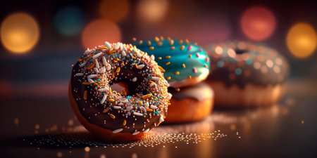 Colorful and mouth-watering donuts with bokeh background illustration perfect for bakery and dessert concepts.の素材