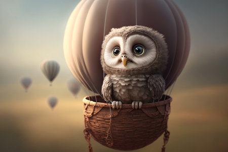 young fluffy owl sits in a basket of a hot air balloonの素材