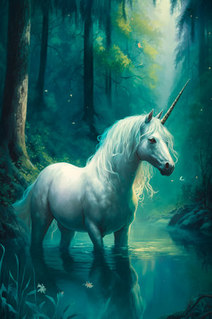 Illustration of a fantastic unicorn in a magical forest AI generated content fantasyの素材
