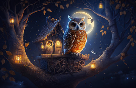 owl at night on a branch with tree with glowing house lanterns moon and starsの素材