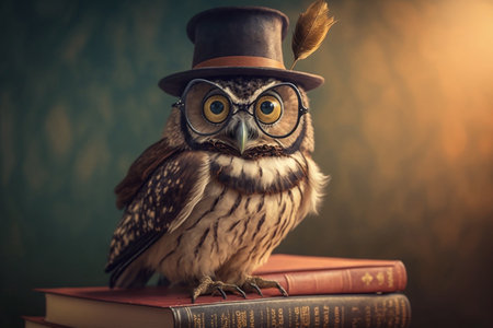 Cunning owl in a hat and glasses sits on books professor teacherの素材
