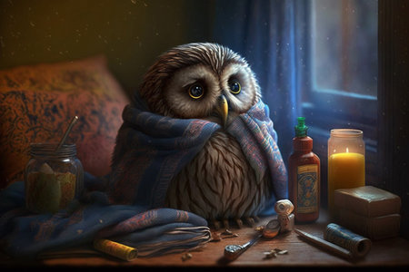 Little sick owl with medicine bottles scarf and blanket in bedの素材