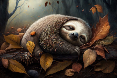 Exhausted and tired sloth lies between autumn leaves in forest and sleepsの素材