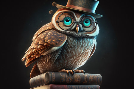 Cunning owl in a hat and glasses sits on books professor teacherの素材