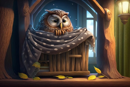 Little tired owl lies bed in tree house and sleeps evening night moonの素材